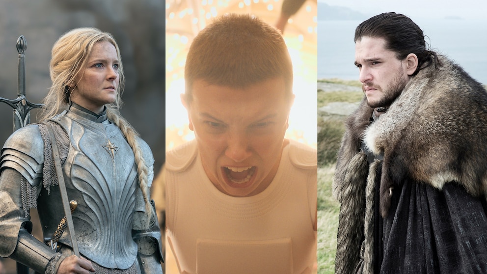 Serien teuer Collage: Szenen aus Ringe der Macht, Stranger Things, Game of Thrones