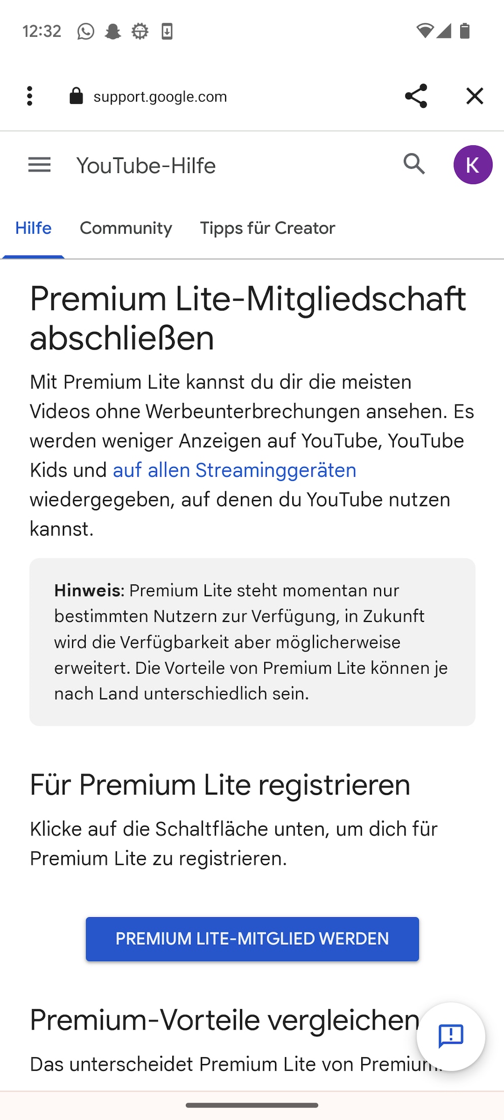 YouTube Premium Lite wird auf diesem Android-Handy nicht angeboten