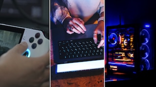 Gaming-Geräte in Collage: Handheld-Konsole, Laptop, PC