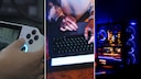 Gaming-Geräte in Collage: Handheld-Konsole, Laptop, PC