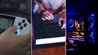 Gaming-Geräte in Collage: Handheld-Konsole, Laptop, PC