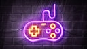 Videospiele 2024 Symbolbild: Controller in Neonlicht vor Bachsteinwand