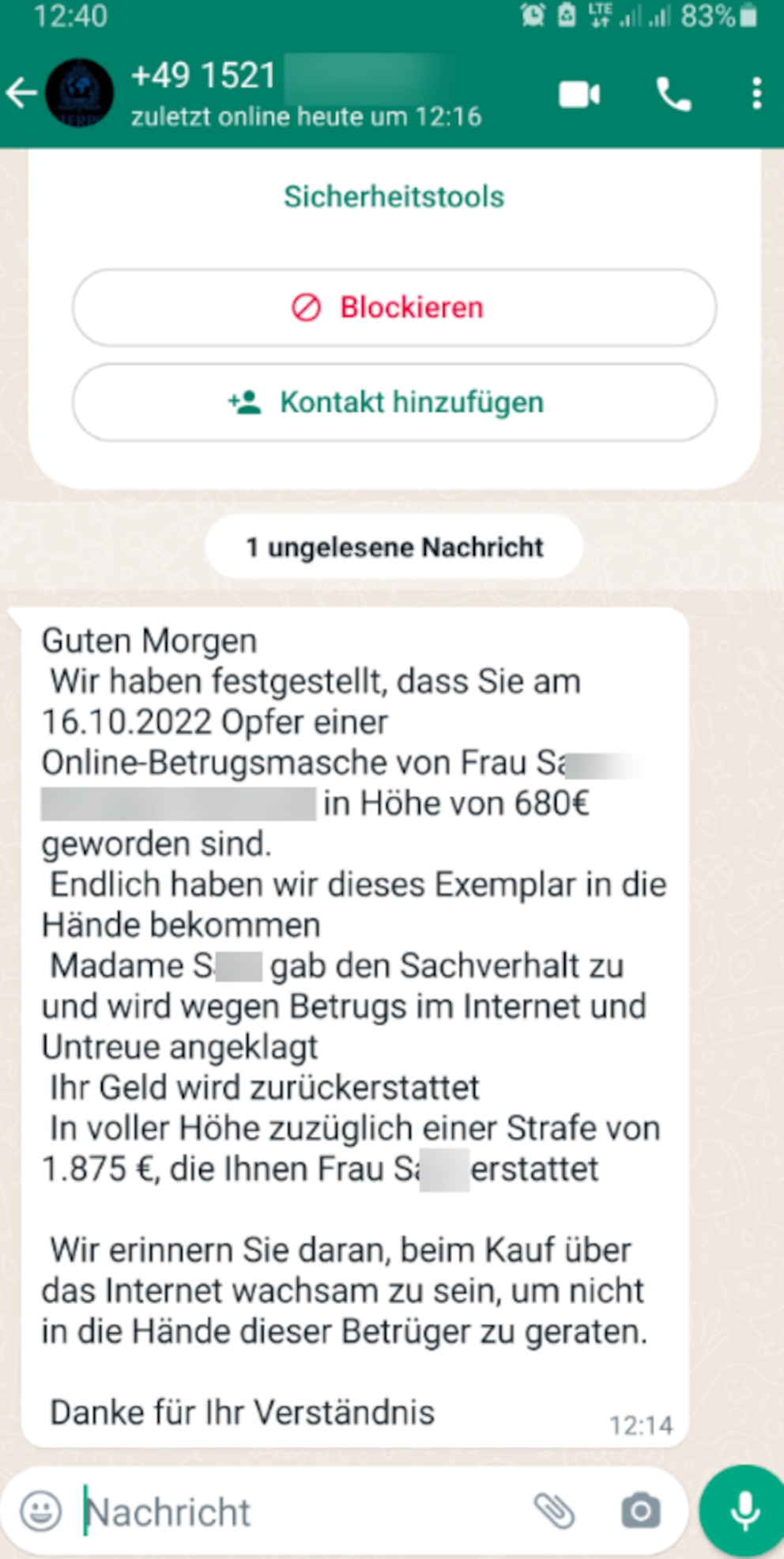 Screenshot Internetbetrüger WhatsApp