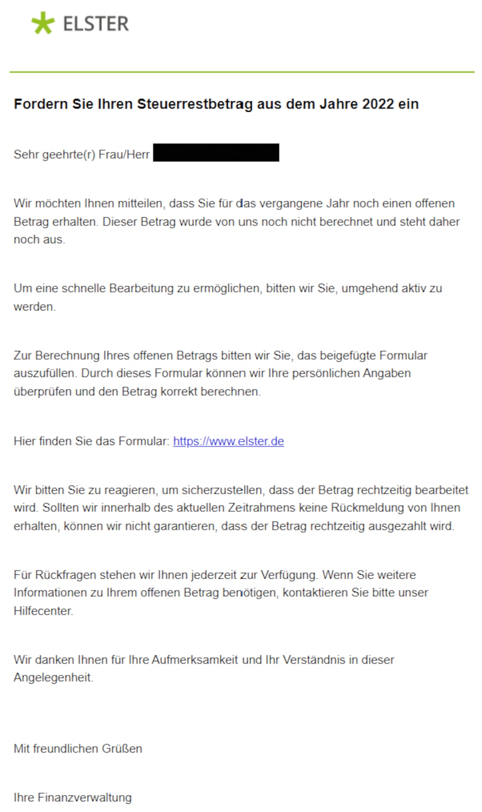 So oder so ähnlich sehen die aktuell herumgehenden Phishing-Mails im Namen von Elster aus.