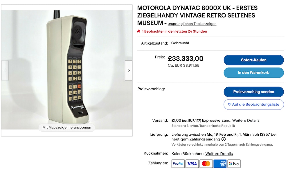 Das Motorola DynaTAC 8000x wird heute für mehrere Tausend Euro verkauft.