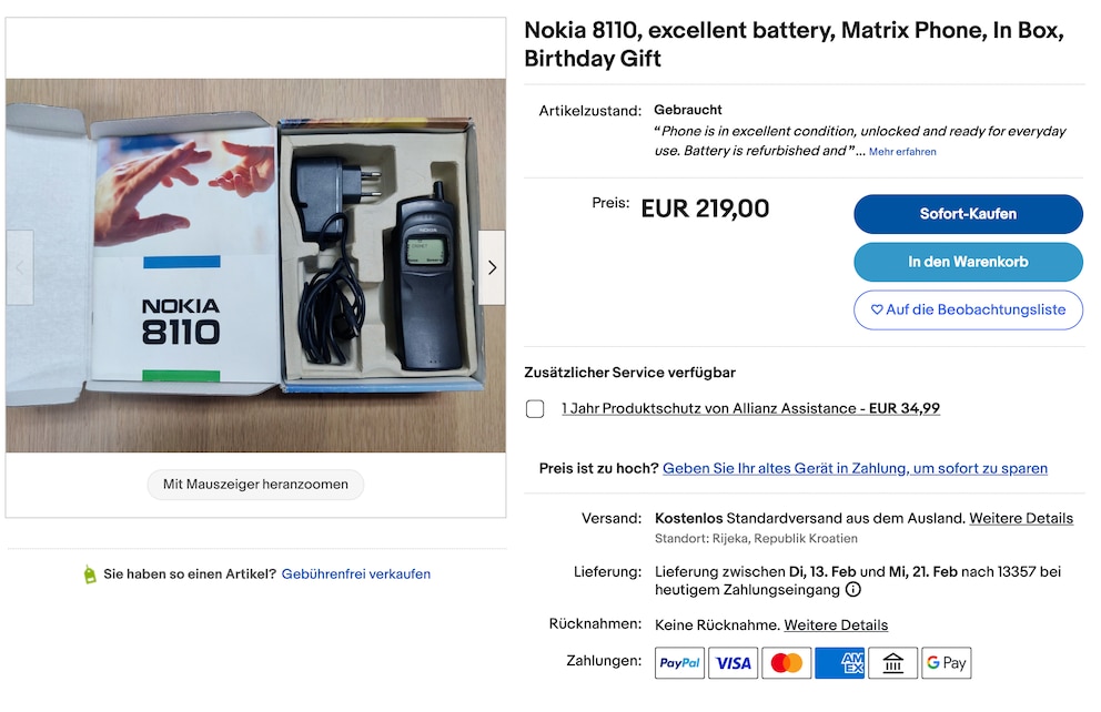 Gute erhaltene Modelle des Nokia 8110 sind heute immerhin noch einige Hundert Euro wert.