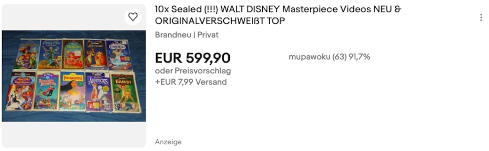 Screenshot Ebay Disney Videokassetten