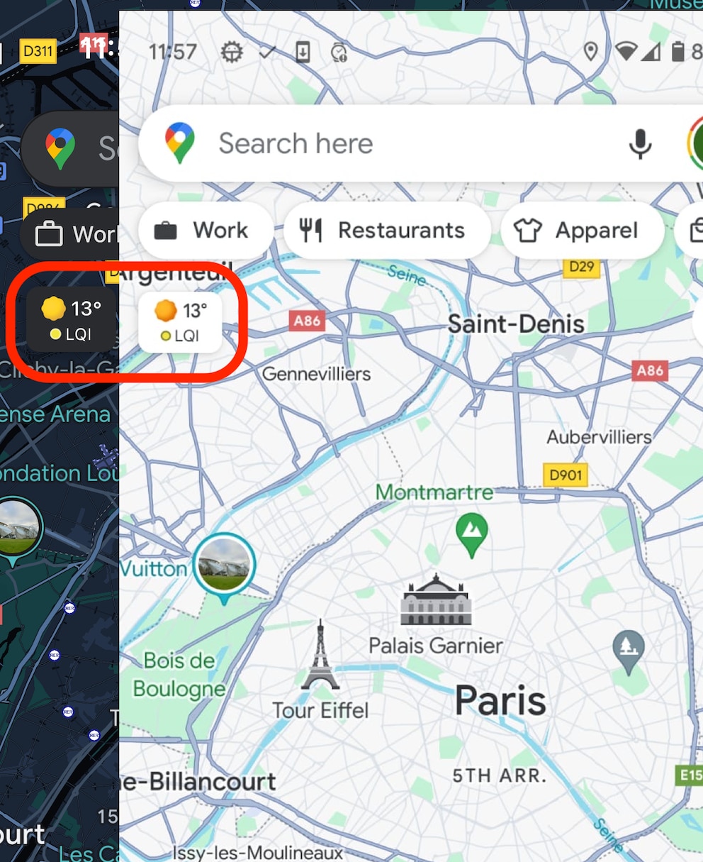 Der Wetter-Kasten in Google Maps auf Pixel (rechts) und iPhone (links)