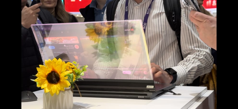 Screen content can be seen from the 'back' of the display