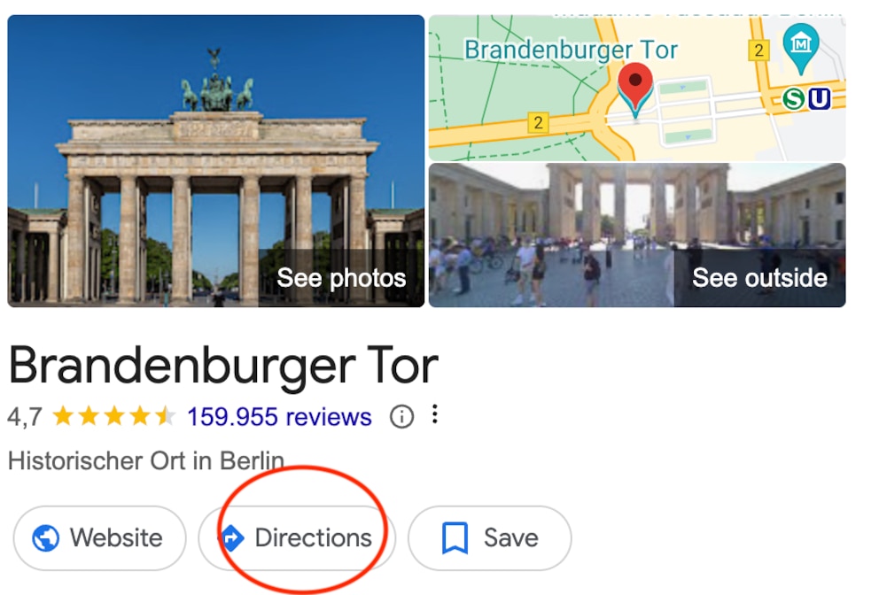Screenshot der Google-Suche zum Brandenburger Tor mit eingekreisten Wegweiser-Button.