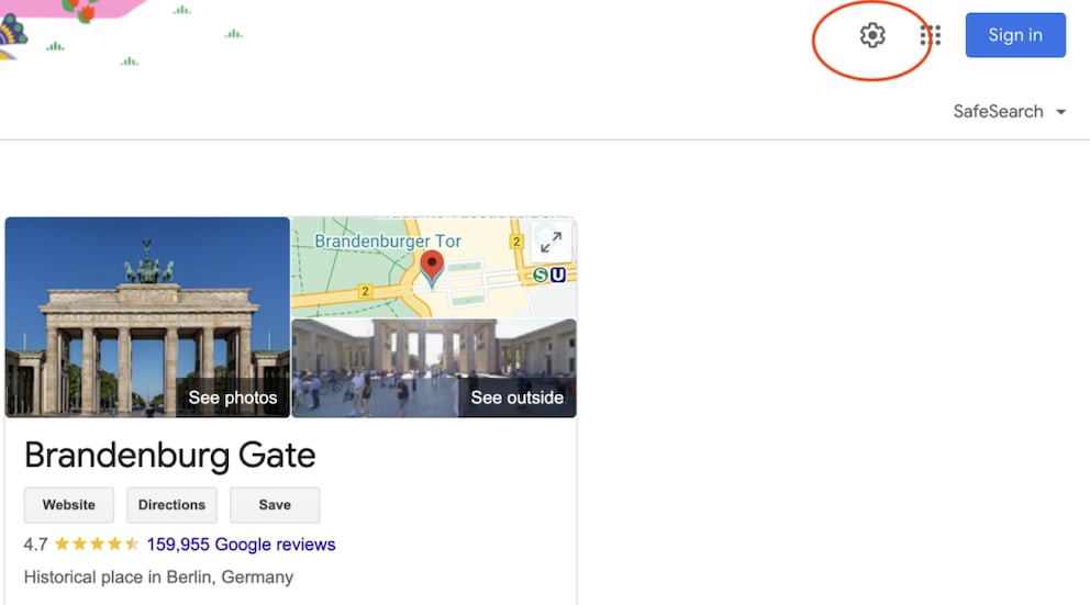 Screenshot of Google Search and the settings icon in the Chrome browser.