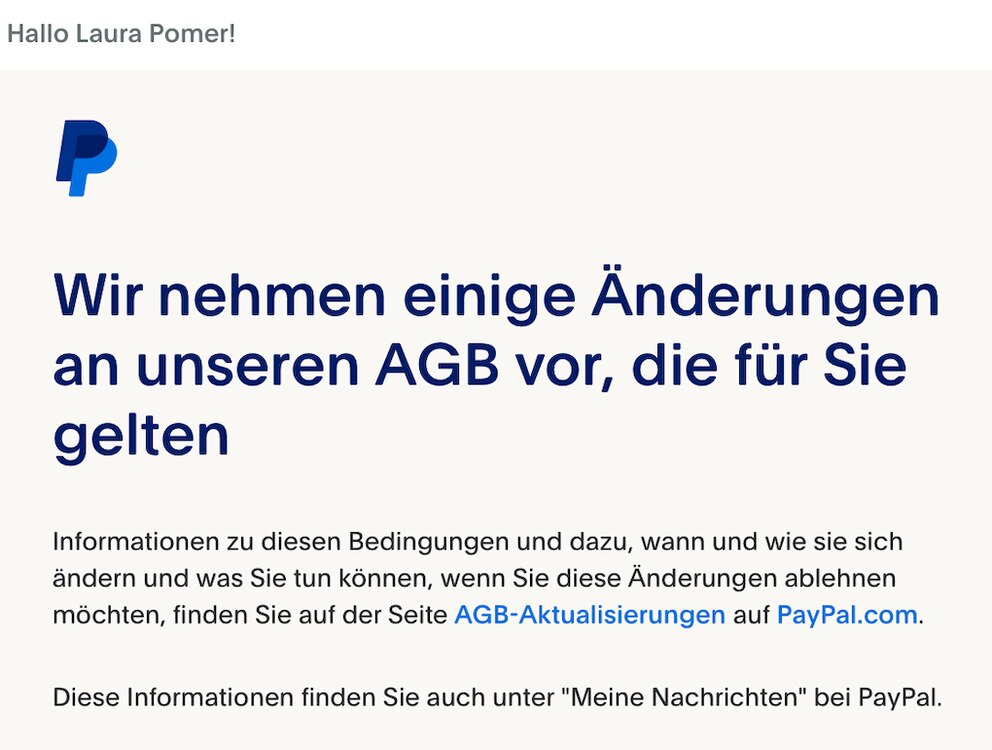 E-Mail von PayPal bzgl. Änderungen an den AGB