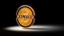 Bitcoin mit Halving-Schriftzug vor schwarzem Hintergrund