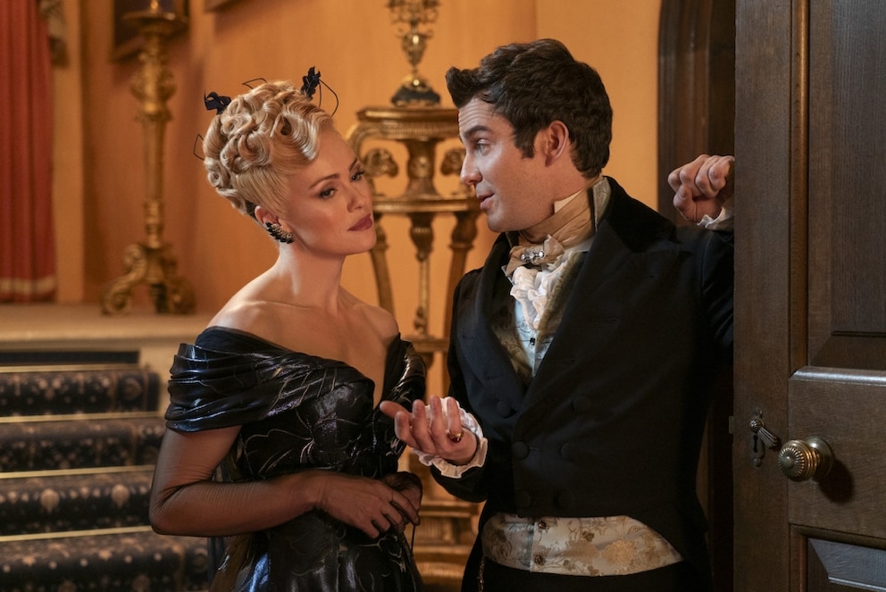 Bridgerton Season 3. (L to R) Hannah New as Lady Tilley Arnold, Luke Thompson as Benedict Bridgerton in episode 303 of Bridgerton. Cr. Liam Daniel/Netflix © 2024