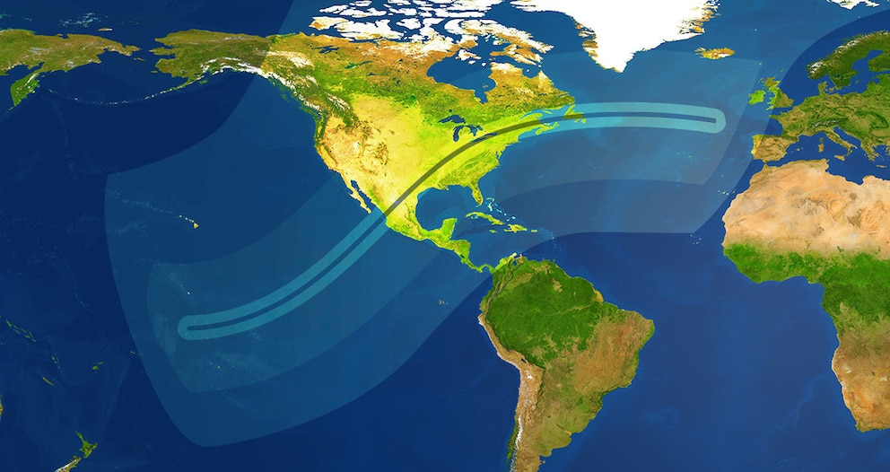 Der Verlauf der Totalitätszone der Sonnenfinsternis am 8. April 2024