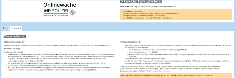 Screenshot der Online-Wache Baden-Württemberg