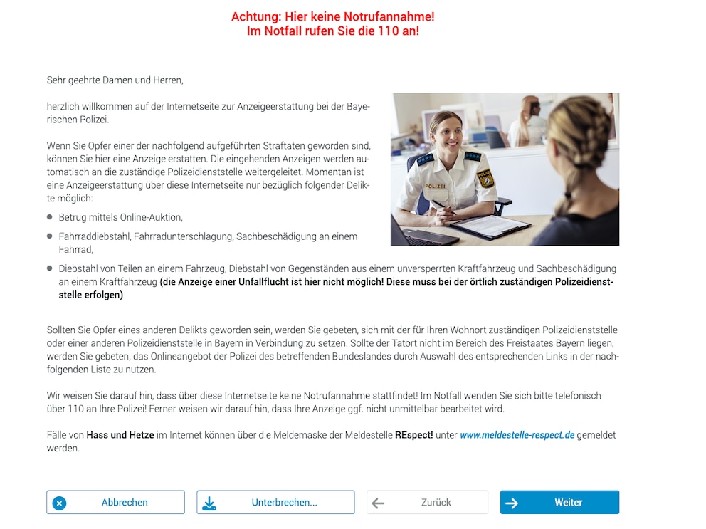 Screenshot der Online-Wache Bayern.