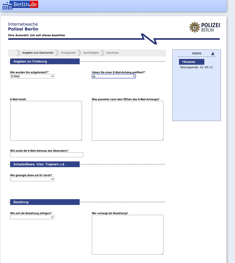 Screenshot des Online-Anzeigenvorgangs der Polizei Berlin.