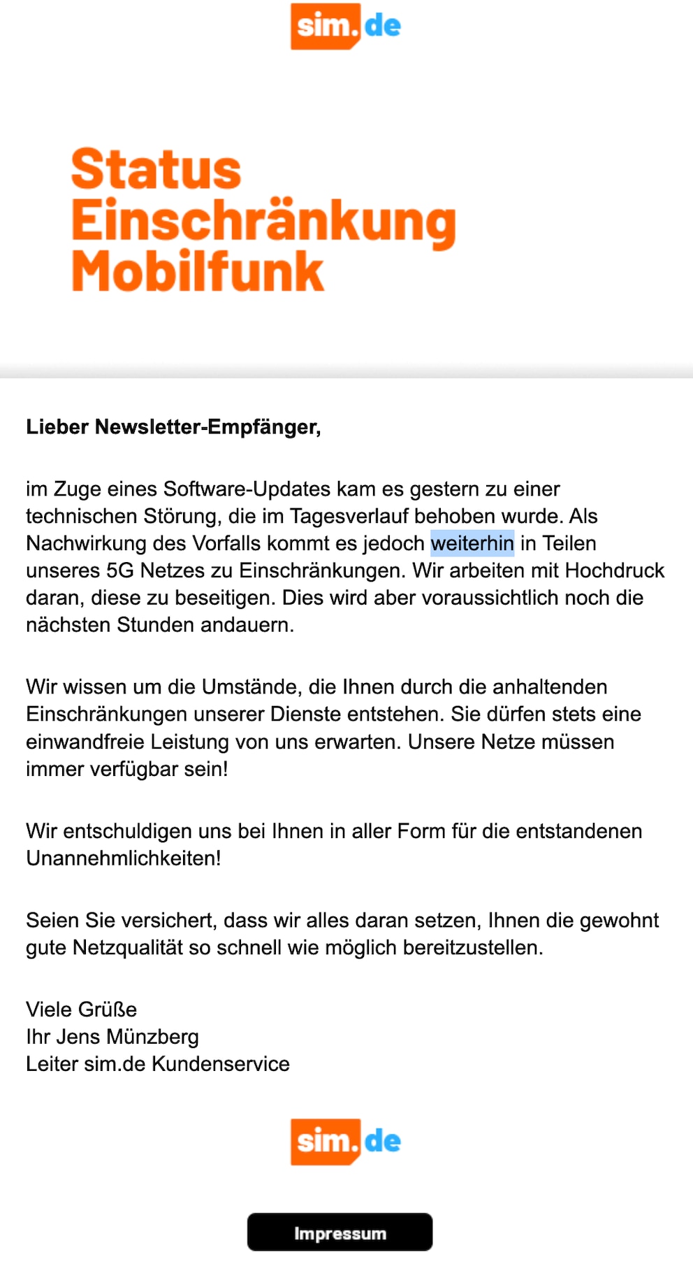 Sim.de informiert die Kunden über anhaltende Störungen aufgrund der Probleme im 1&amp;1-Netz.