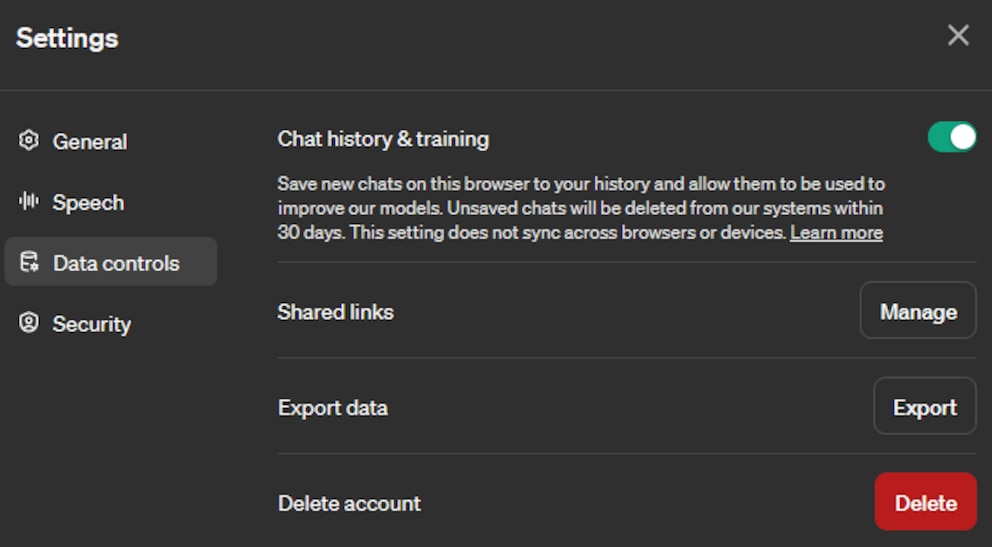 In den Einstellungen von ChatGPT findet sich der Punkt „Chat history &amp; training“