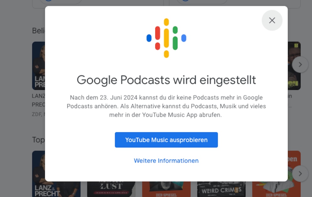 Hinweis zur kommenden Einstellung von Google Podcasts