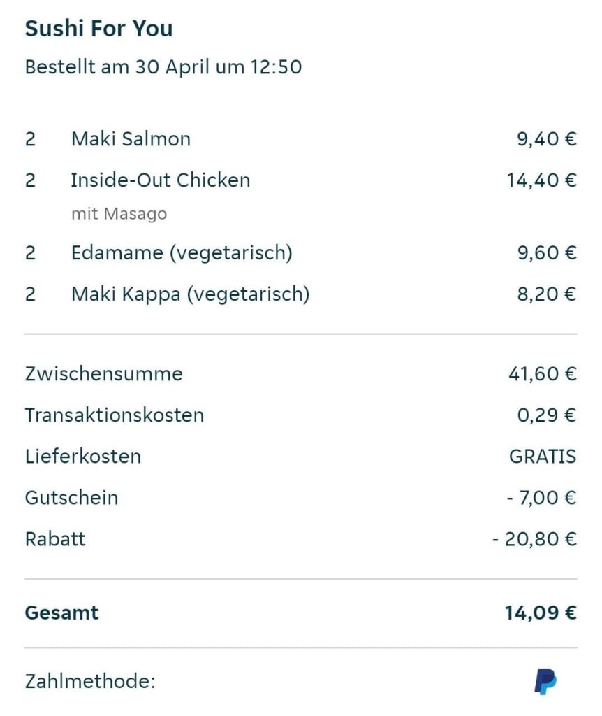 Lieferando bill after payment with PayPal.