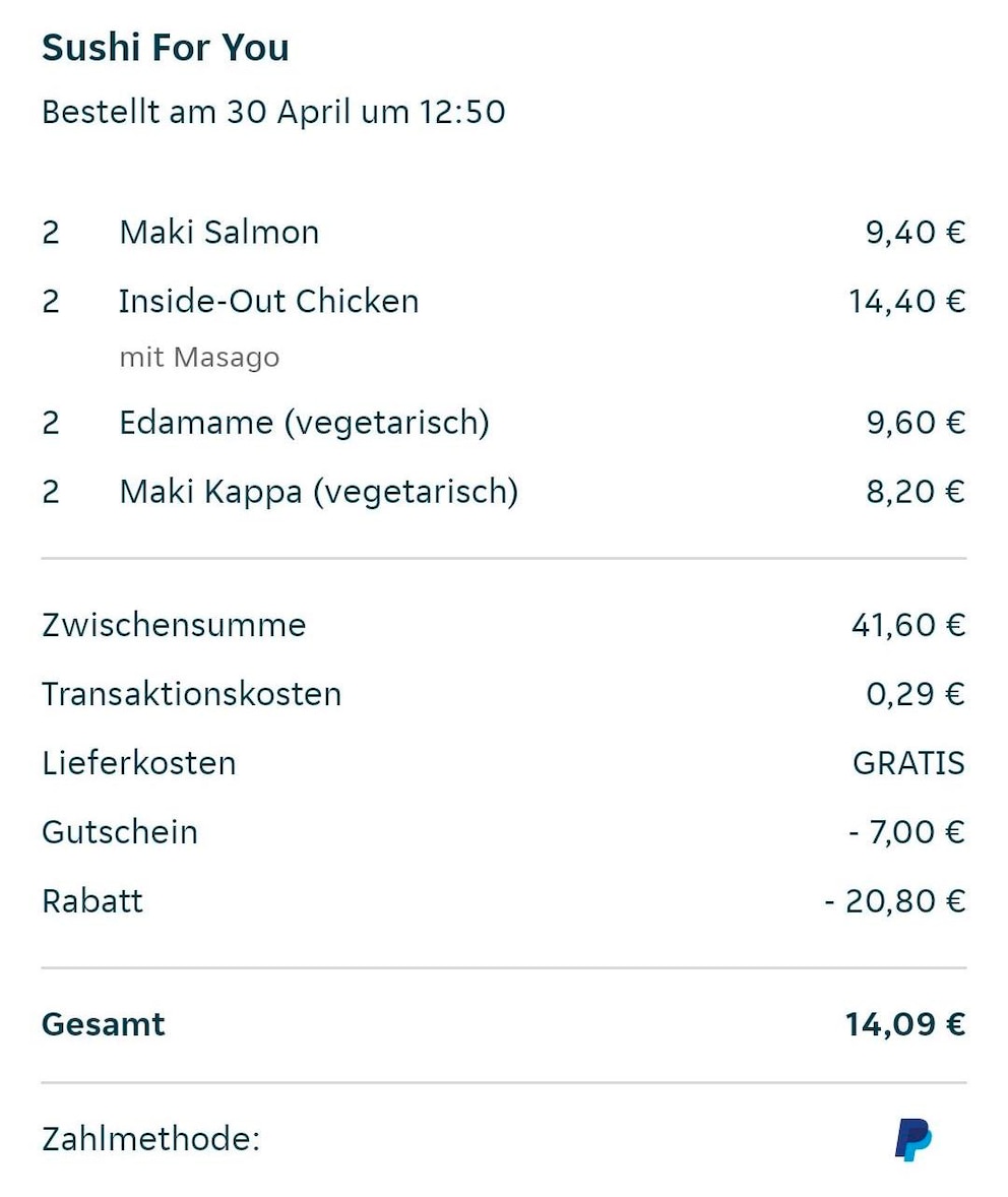 Lieferando-Rechnung nach Bezahlung mit PayPal.