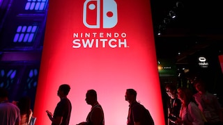Switch-Nachfolger: Schriftzug der Konsole auf einem Event mit rotem Hintergrund