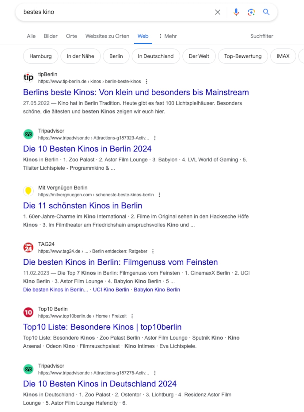 Ergebnisseite der Web-Suche bei Google zu &quot;bestes Kino&quot;.