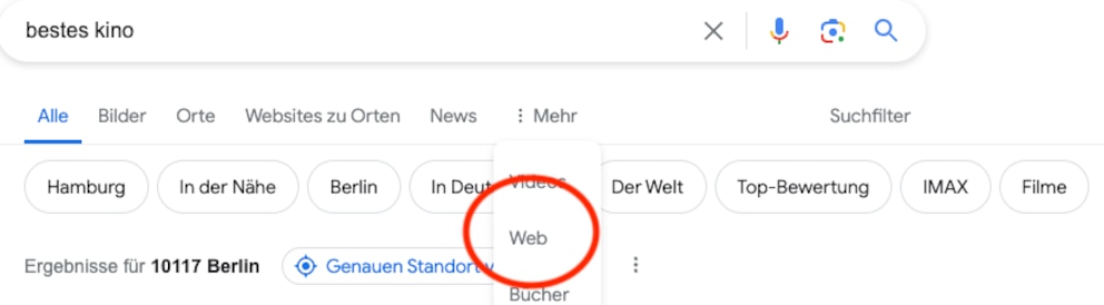 Screenshot, wie man die Web-Suche bei Google findet.