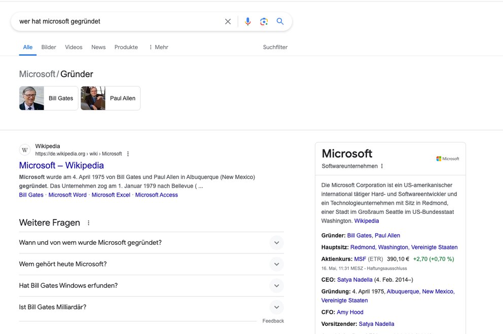 Ergebnisseite bei Google zu „Wer hat Microsoft gegründet“