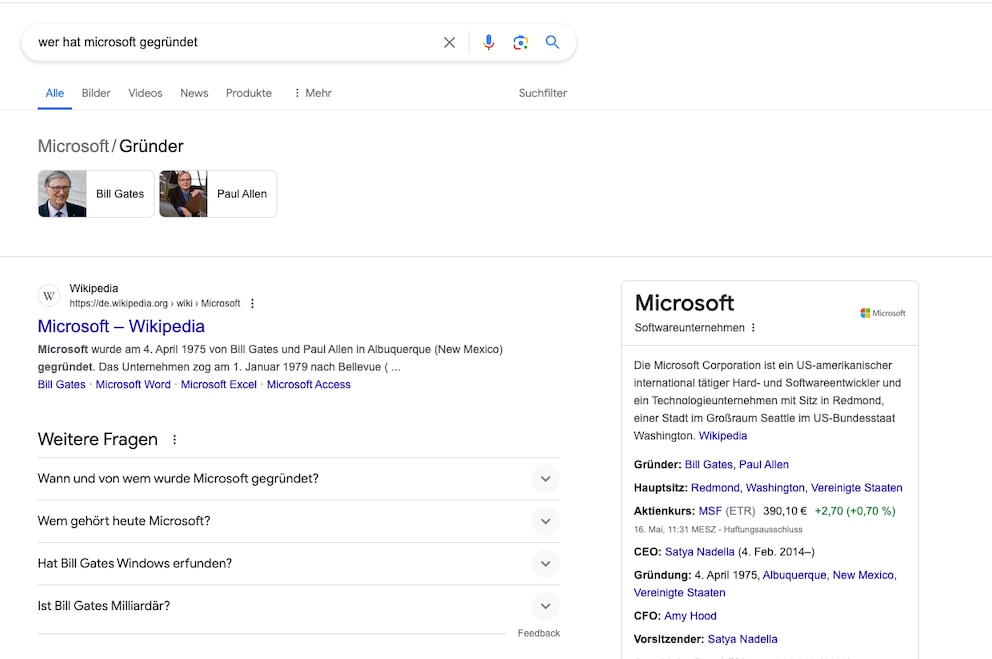 Ergebnisseite bei Google zu „Wer hat Microsoft gegründet“