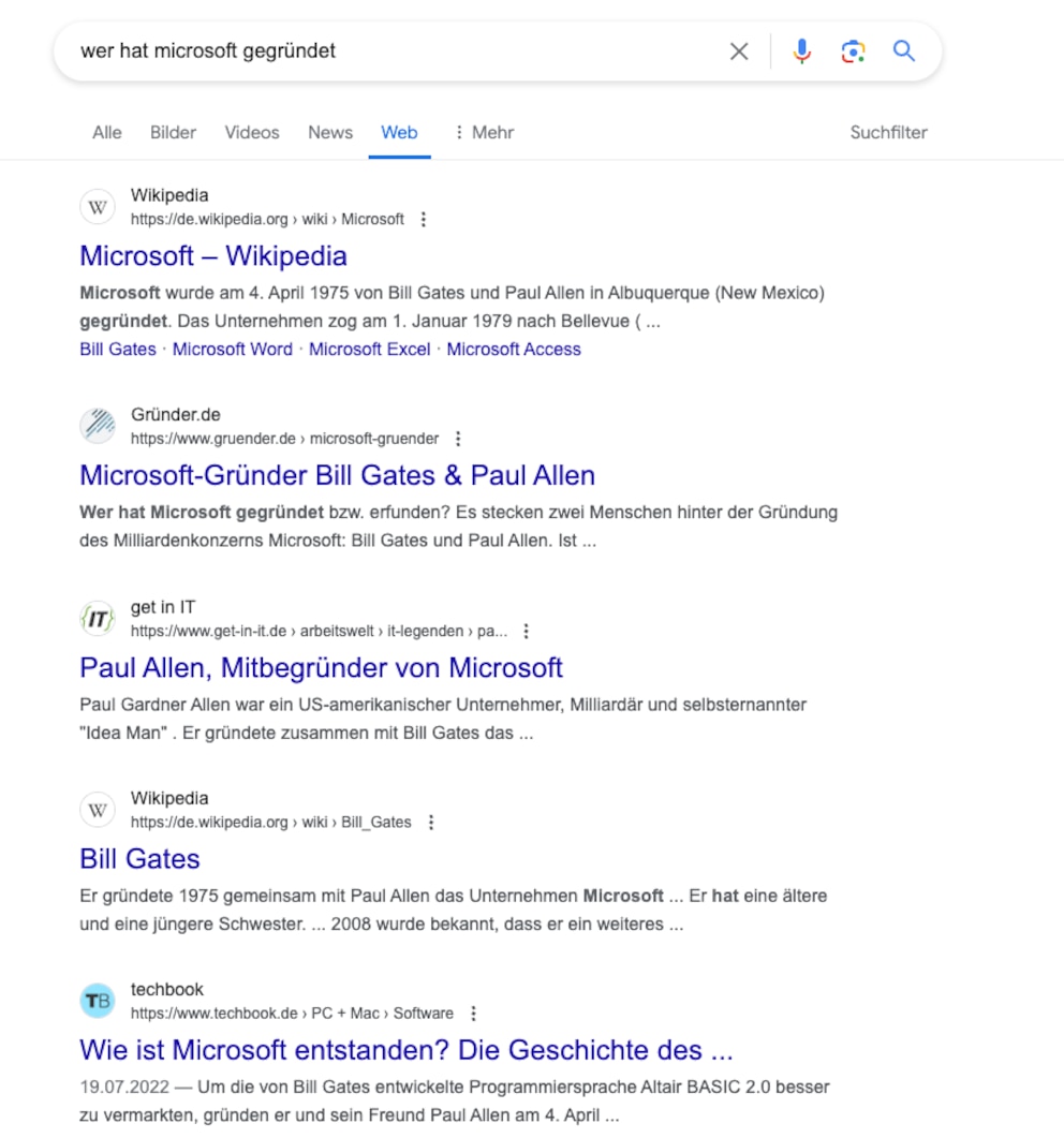 Web-Suche bei Google zu &quot;Wer hat Microsoft gegründet&quot;
