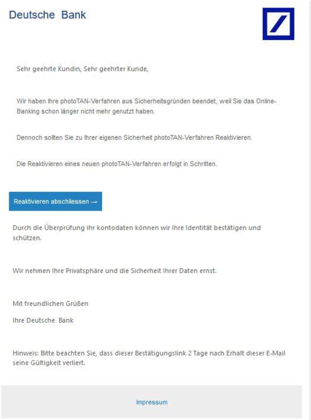 Screenshot einer Phishing-Mail im Namen der Deutschen Bank.