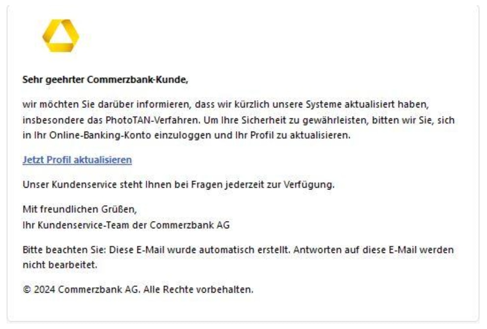Screenshot einer Phishing-Mail im Namen der Commerzbank.