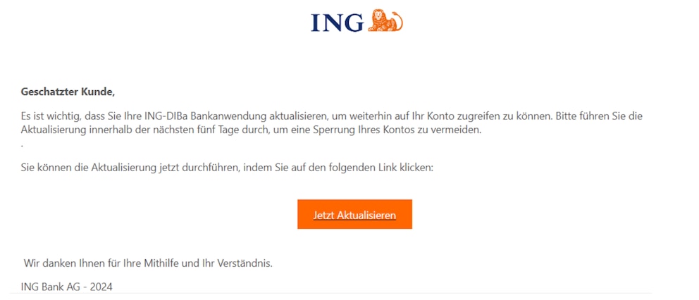Screenshot einer Phishing-Mail im Namen der ING.