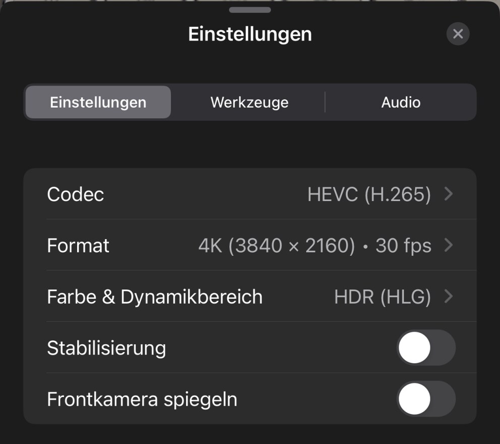 The settings overview in Final Cut Camera