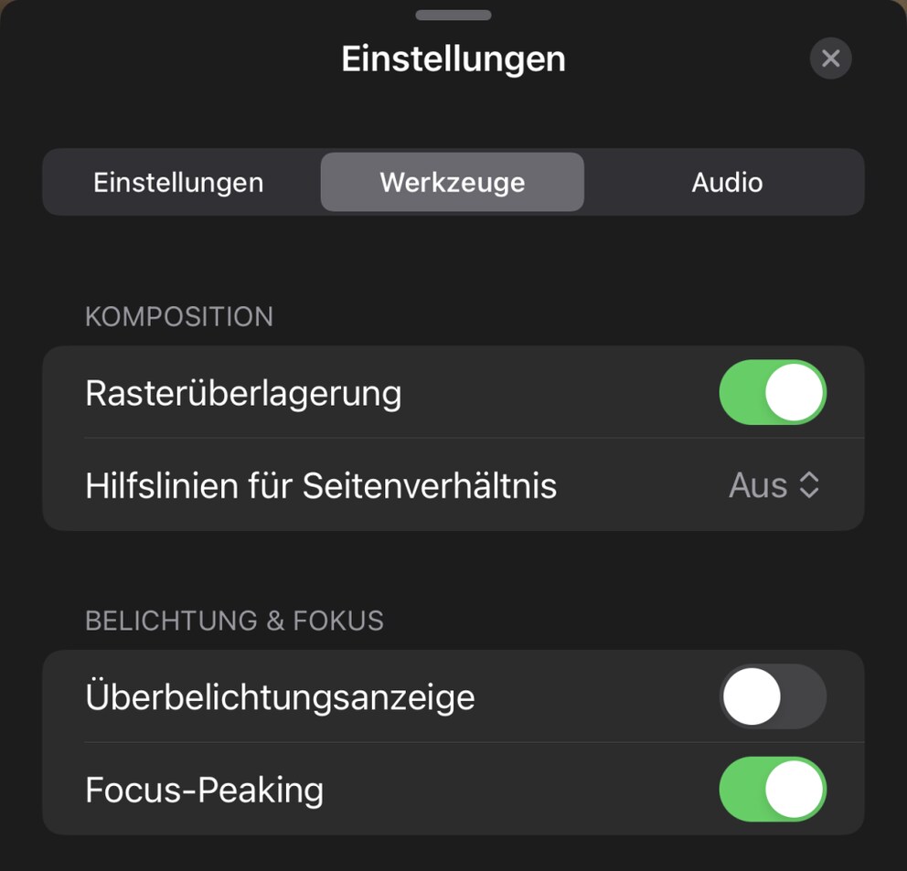 Professional tools in the camera settings