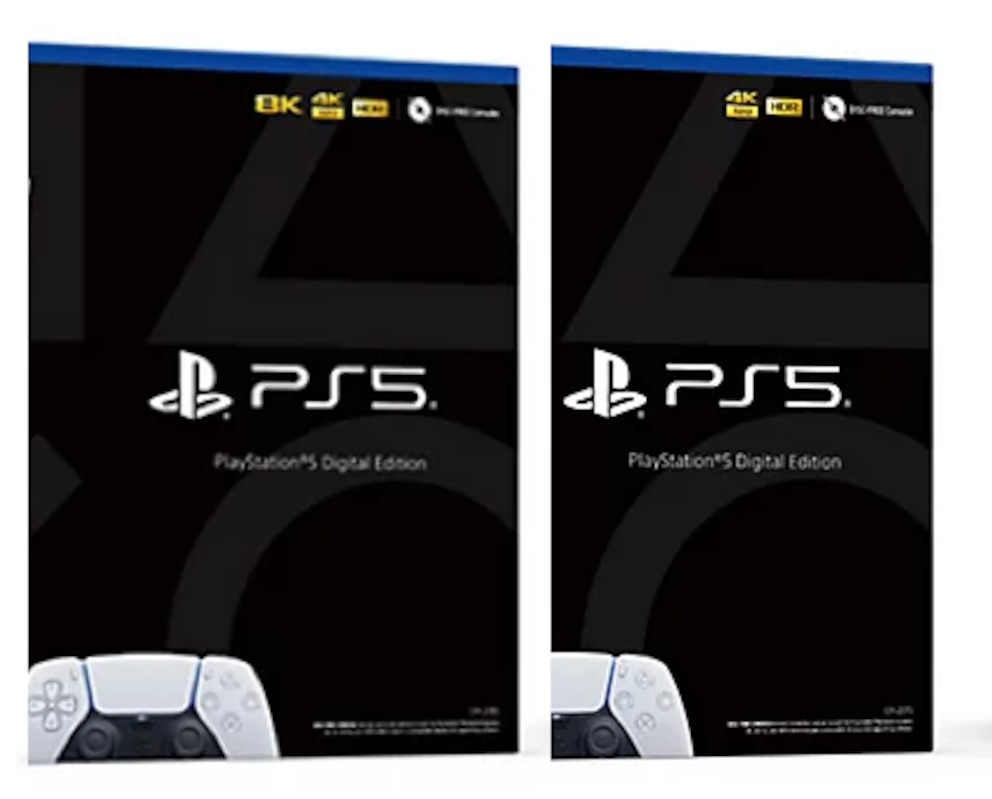 Die archivierte Version der PS5-Verpackung mit 8K-Label und daneben die angepasste Version ohne das Logo (rechts)