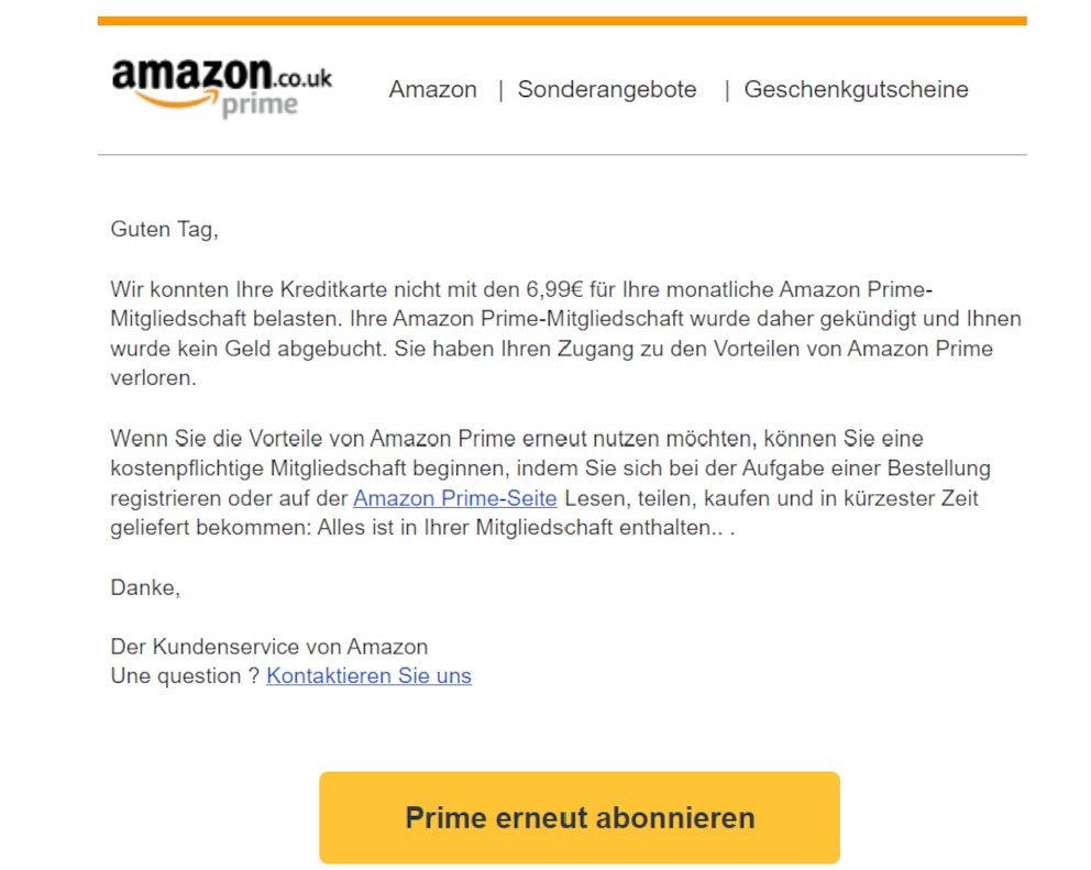 Screenshot einer gefälschten E-Mail von Amazon.