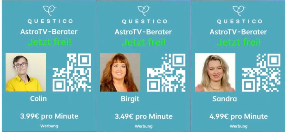 Bei der AstroTV-Live-Übertragung erscheinen Berater-Kontakte von Questico – einer weiteren Marke von Adviqo