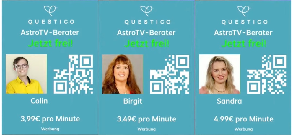 Bei der AstroTV-Live-Übertragung erscheinen Berater-Kontakte von Questico – einer weiteren Marke von Adviqo