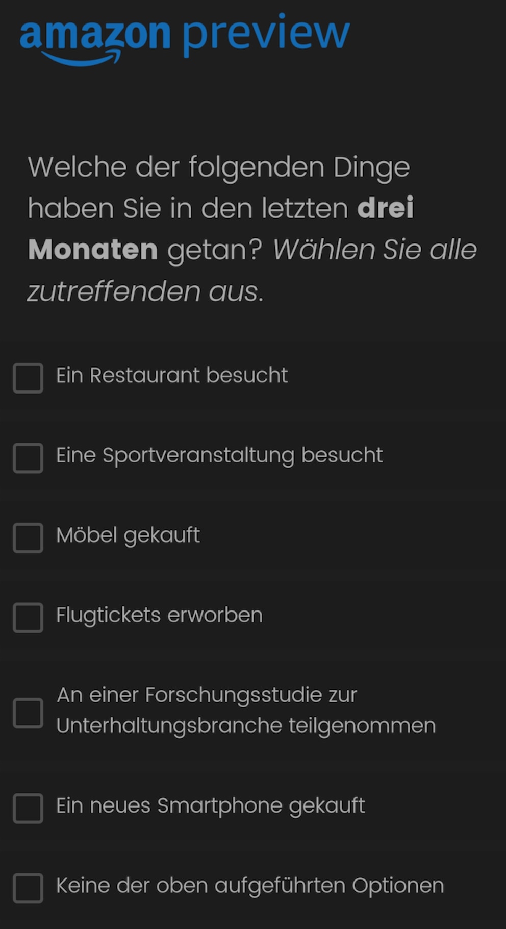 Auszug aus der Umfrage zur Registrierung bei Amazon Preview