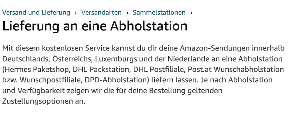 Auf der Hilfeseite wird die Lieferung an eine Amazon Abholstation noch als kostenfreie Option genannt