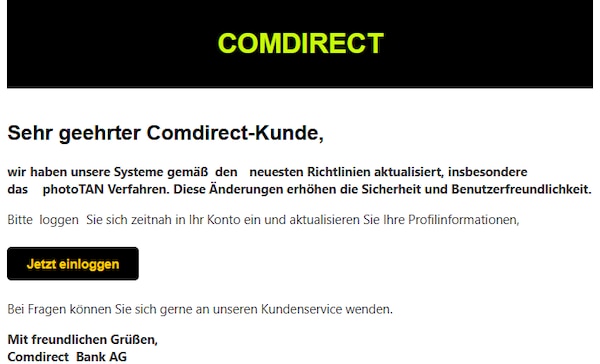 Screenshot einer Betrugsmail im Namen von Comdirect