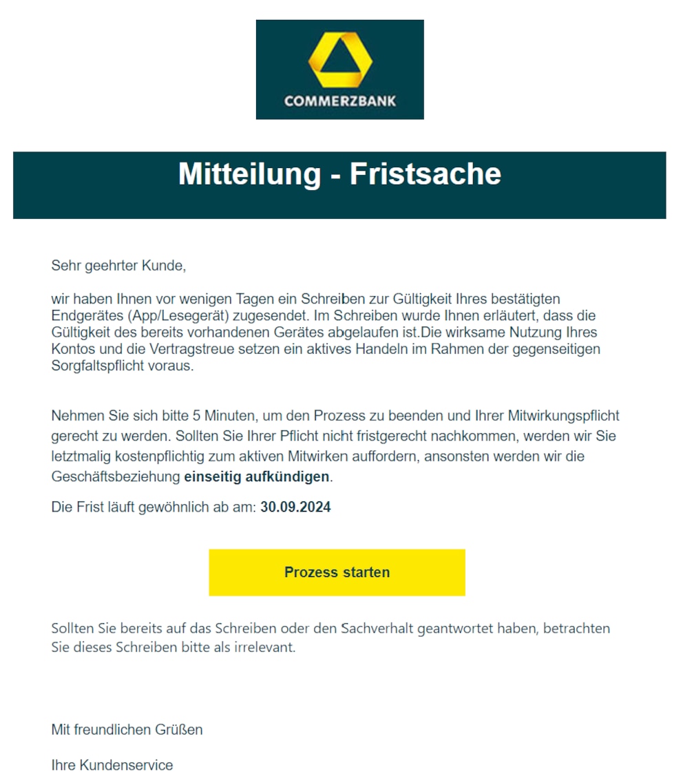 Screenshot einer Betrugsmail im Namen der Commerzbank