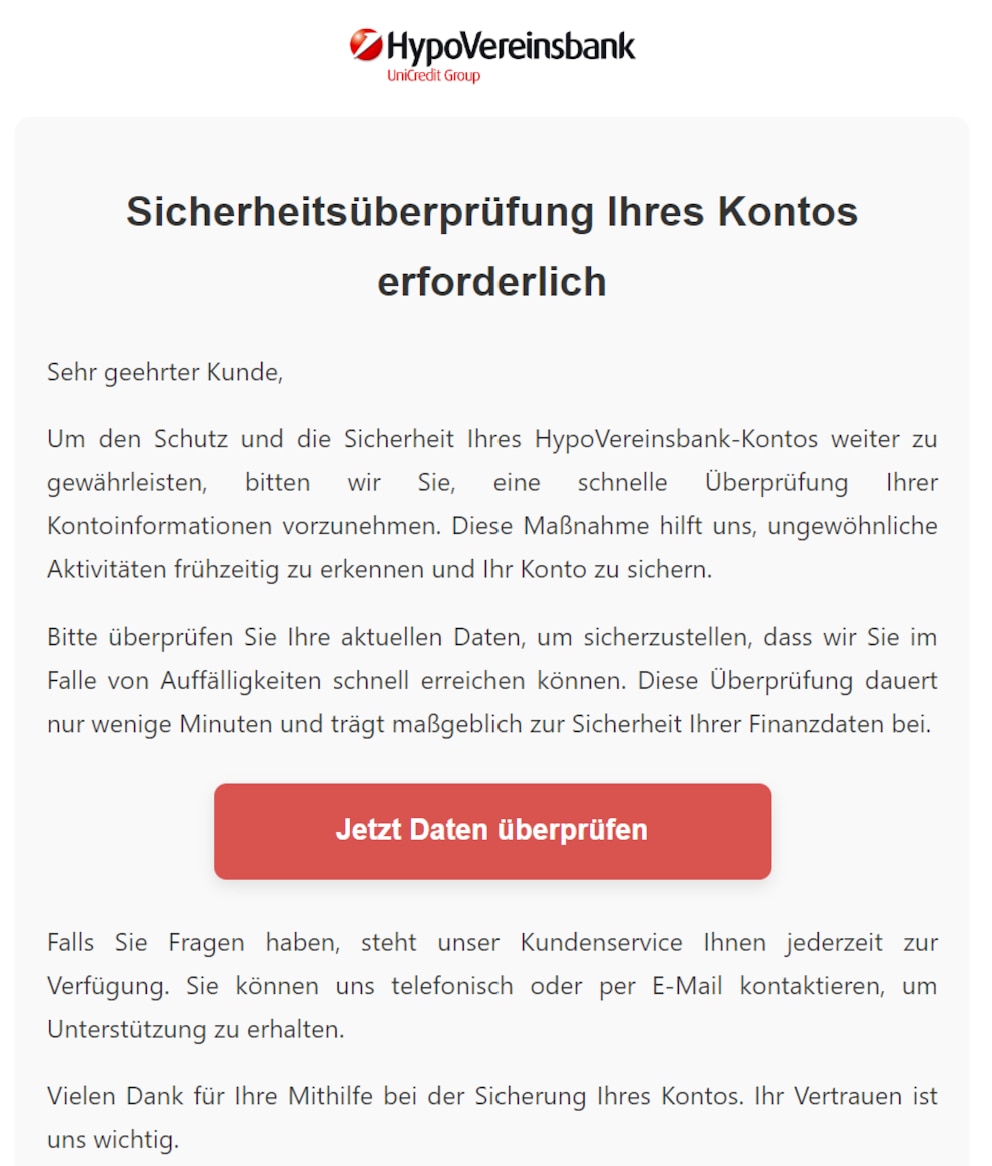 Screenshot einer Betrugsmail im Namen der HypoVereinsbank