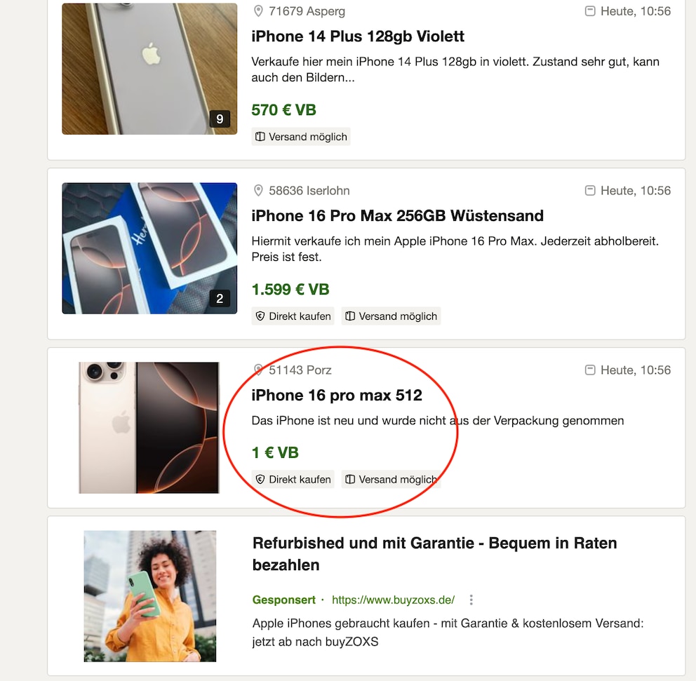 Angebotsübersicht bei Kleinanzeigen zum Thema iPhone