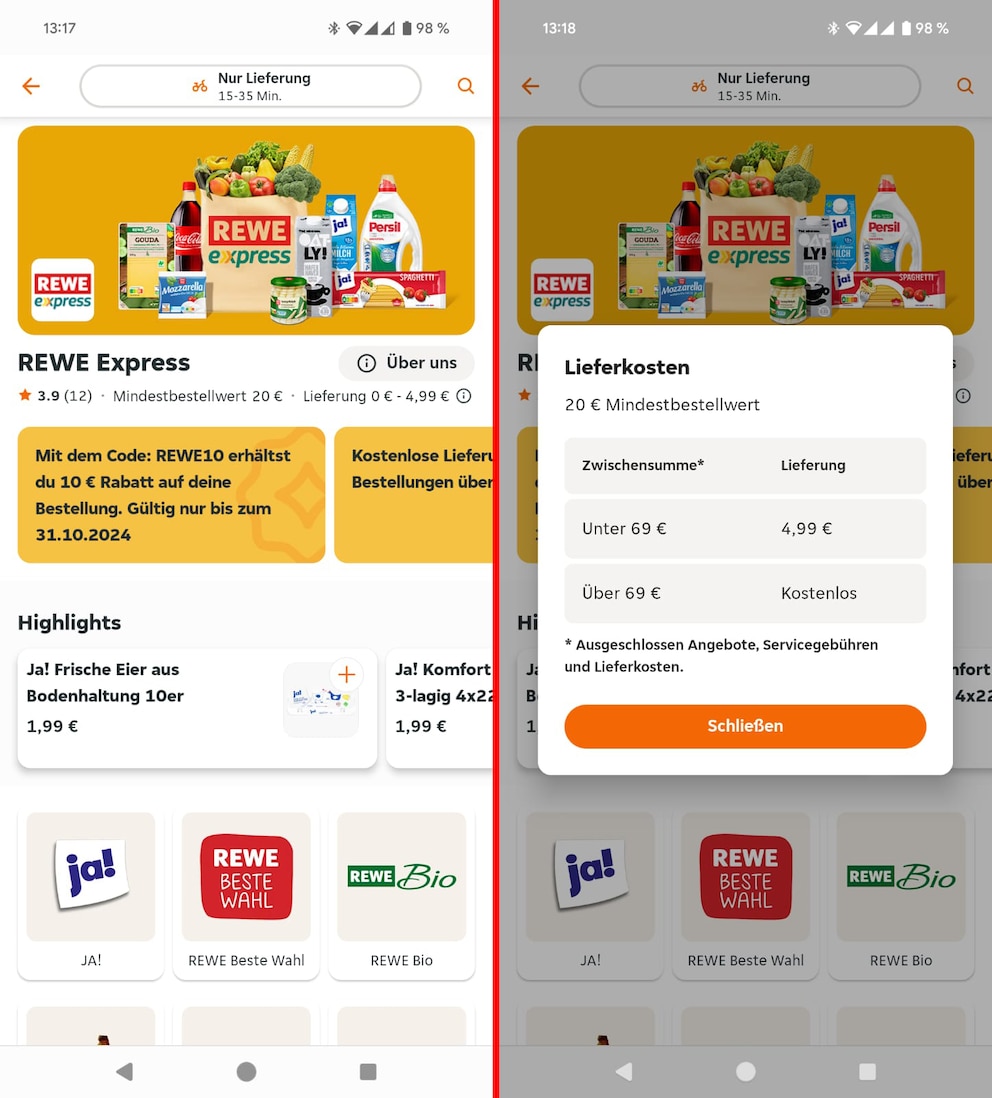 Rewe ist jetzt auch auf Lieferando