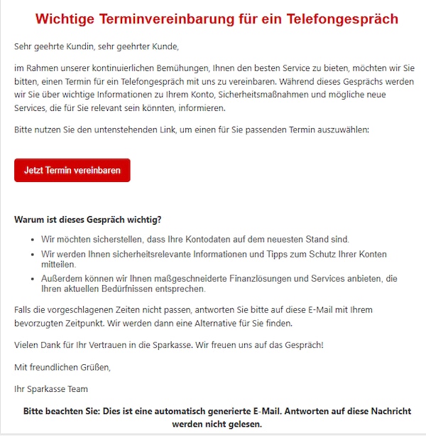 Screenshot einer Betrugsmail im Namen der Sparkasse